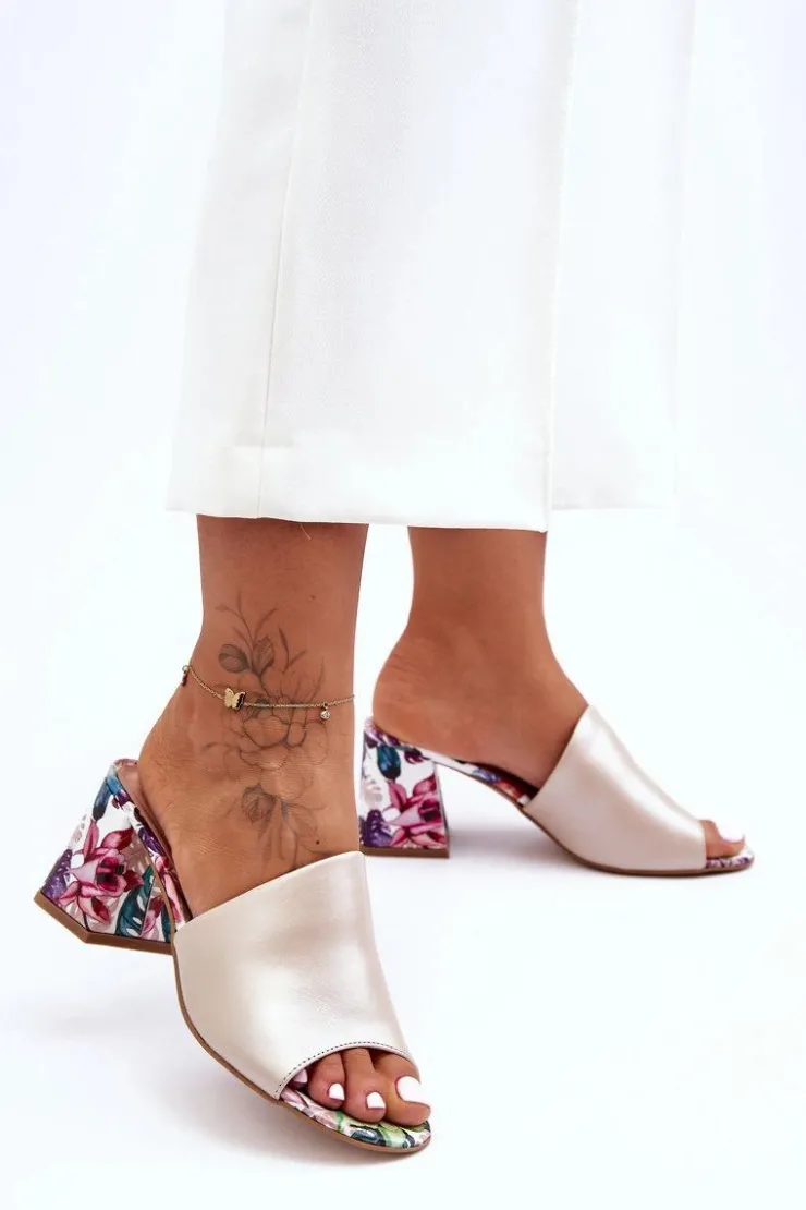 Damskie Boto Damskie Skórzane Klapki Na Obcasie Lewski Shoes 3209/K Perłowe Beżowe