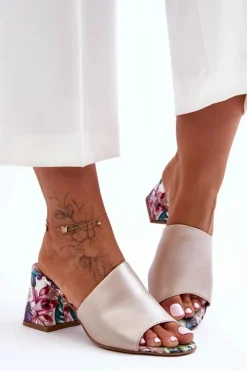 Damskie Boto Damskie Skórzane Klapki Na Obcasie Lewski Shoes 3209/K Perłowe Beżowe