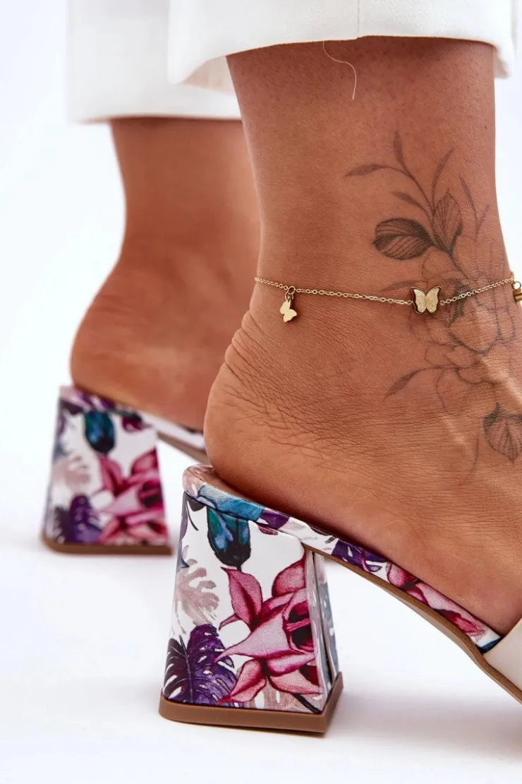 Damskie Boto Damskie Skórzane Klapki Na Obcasie Lewski Shoes 3209/K Perłowe Beżowe