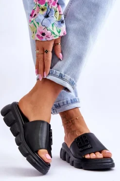 Damskie Buty damskie Vinceza Damskie Skórzane Klapki Na Platformie Z Ozdobą Czarne Monroe