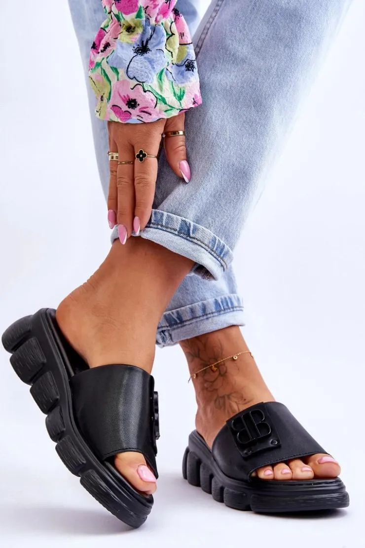 Damskie Buty damskie Vinceza Damskie Skórzane Klapki Na Platformie Z Ozdobą Czarne Monroe