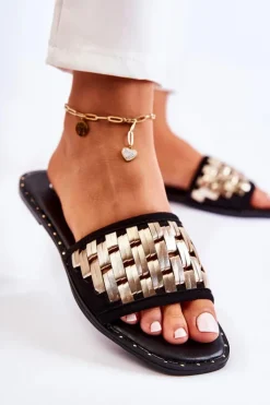 Damskie buty S.Barski Klapki Damskie Klasyczne*Damskie Skórzane Klapki Na Płaskim Obcasie Czarne Hollis