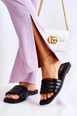 Hot Boto Damskie Skórzane Klapki Z Pikowaniem Czarne Raula