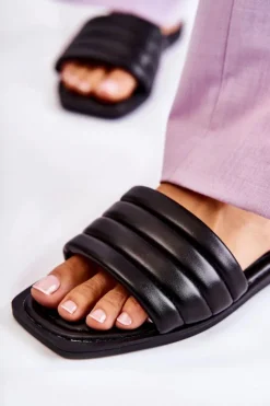 Hot Boto Damskie Skórzane Klapki Z Pikowaniem Czarne Raula