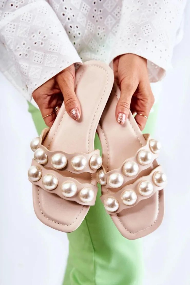 Hot Boto Damskie Skórzane Klapki Z Ozdobnymi Perełkami Beżowe Lasello