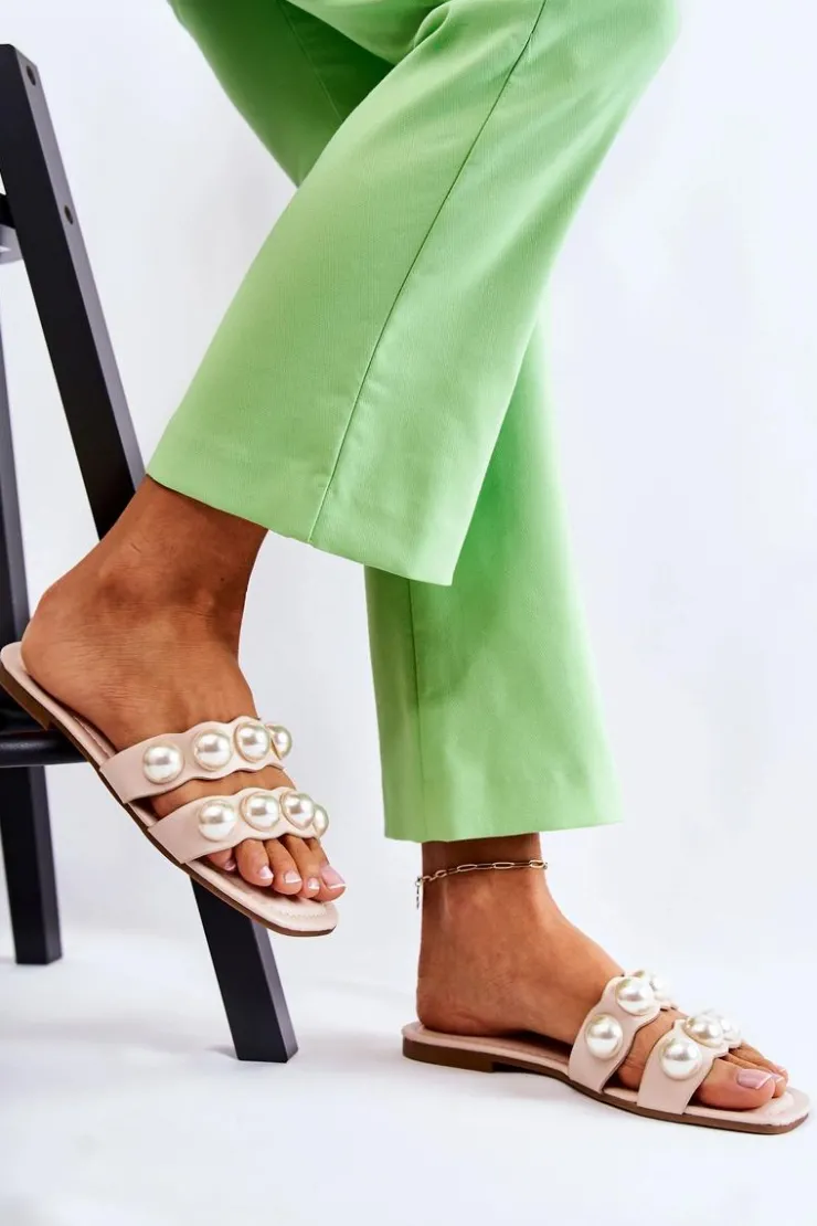 Hot Boto Damskie Skórzane Klapki Z Ozdobnymi Perełkami Beżowe Lasello