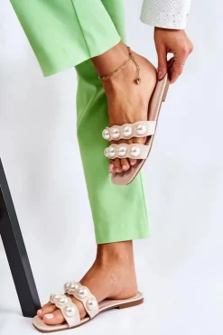 Hot Boto Damskie Skórzane Klapki Z Ozdobnymi Perełkami Beżowe Lasello