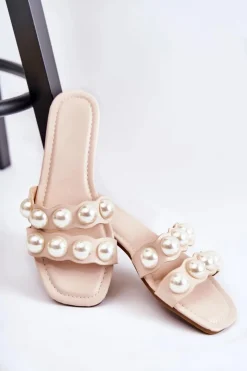 Hot Boto Damskie Skórzane Klapki Z Ozdobnymi Perełkami Beżowe Lasello