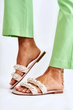 Hot Boto Damskie Skórzane Klapki Z Ozdobnymi Perełkami Beżowe Lasello