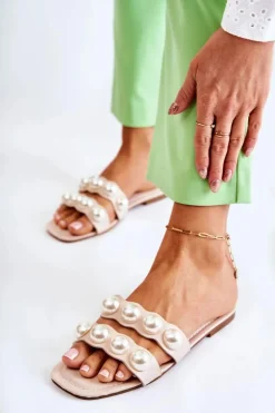 Hot Boto Damskie Skórzane Klapki Z Ozdobnymi Perełkami Beżowe Lasello