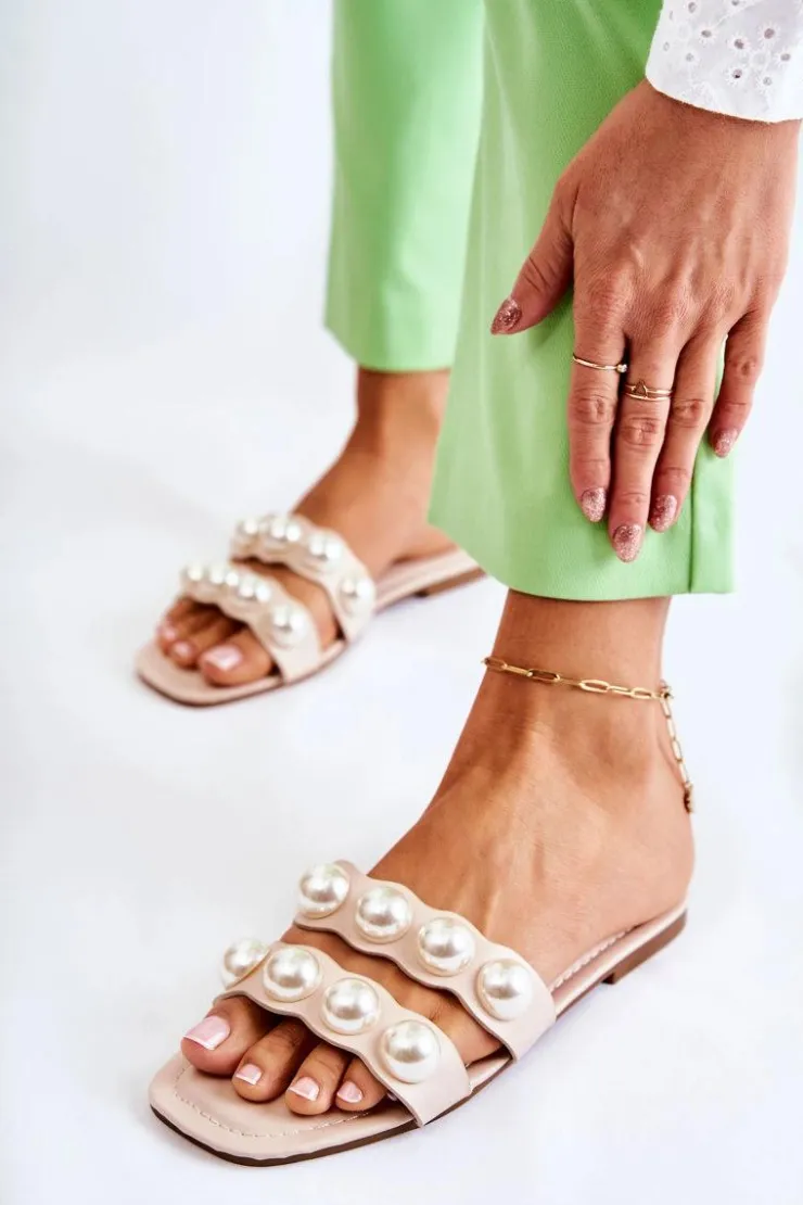 Hot Boto Damskie Skórzane Klapki Z Ozdobnymi Perełkami Beżowe Lasello