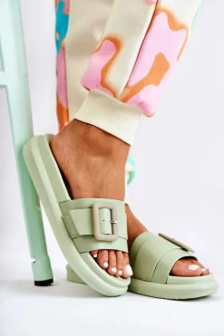 Damskie Boto Damskie Skórzane Klapki Z Klamrą Zielone Devia