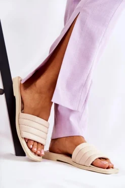 Online Boto Damskie Skórzane Klapki Z Pikowaniem Beżowe Raula