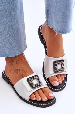 Damskie buty S.Barski Damskie Skórzane Klapki Z Dżetami S.Barski KV-2775-33 Srebrne