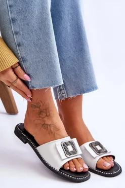 Damskie buty S.Barski Damskie Skórzane Klapki Z Dżetami S.Barski KV-2775-33 Srebrne