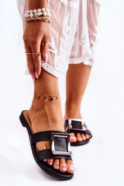 Clearance Boto Damskie Skórzane Klapki Z Ozdobą Czarne Roysa