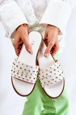 Damskie Damskie buty S.Barski Damskie Skórzane Klapki Z Ozdobą Białe Brien