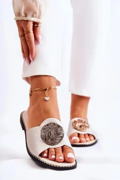 Damskie buty S.Barski Klapki Damskie Klasyczne*Damskie Skórzane Klapki Z Ozdobą Złote Colene