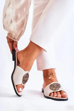 Damskie buty S.Barski Klapki Damskie Klasyczne*Damskie Skórzane Klapki Z Ozdobą Złote Colene