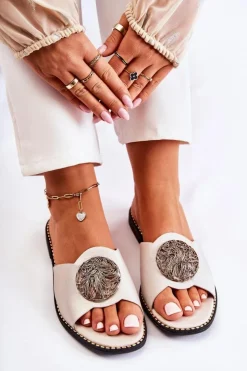 Damskie buty S.Barski Klapki Damskie Klasyczne*Damskie Skórzane Klapki Z Ozdobą Złote Colene