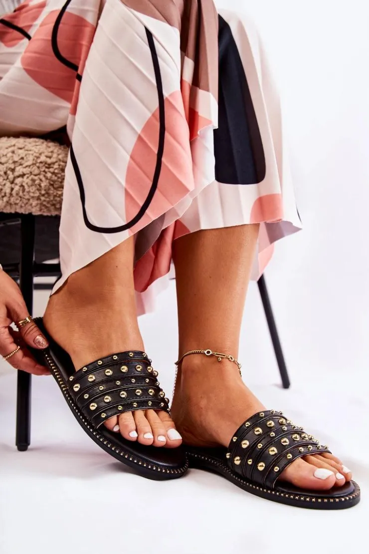 Discount Damskie buty S.Barski Damskie Skórzane Klapki Z Ozdobą Czarne Brien Czarny