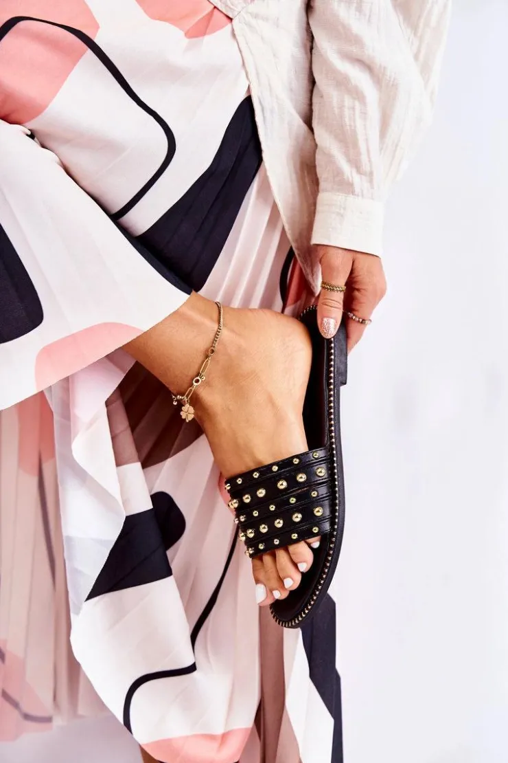 Discount Damskie buty S.Barski Damskie Skórzane Klapki Z Ozdobą Czarne Brien Czarny