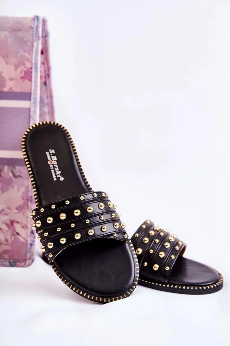 Discount Damskie buty S.Barski Damskie Skórzane Klapki Z Ozdobą Czarne Brien Czarny