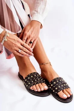 Discount Damskie buty S.Barski Damskie Skórzane Klapki Z Ozdobą Czarne Brien Czarny