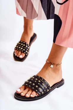 Discount Damskie buty S.Barski Damskie Skórzane Klapki Z Ozdobą Czarne Brien Czarny