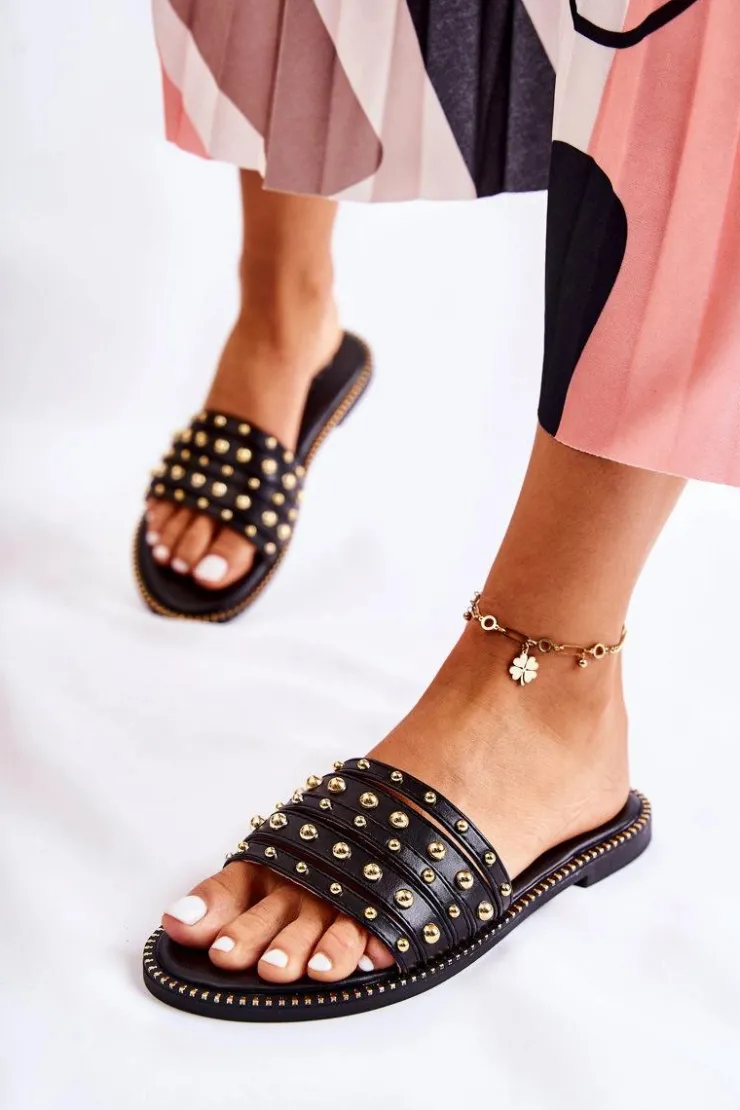 Discount Damskie buty S.Barski Damskie Skórzane Klapki Z Ozdobą Czarne Brien Czarny