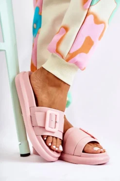 Outlet Boto Damskie Skórzane Klapki Z Klamrą Różowe Devia