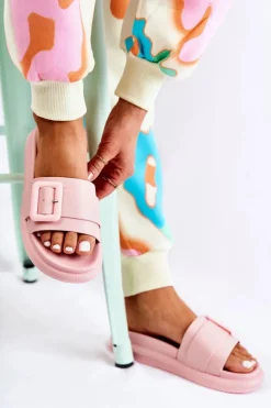 Outlet Boto Damskie Skórzane Klapki Z Klamrą Różowe Devia