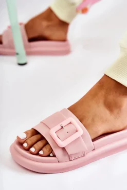Outlet Boto Damskie Skórzane Klapki Z Klamrą Różowe Devia