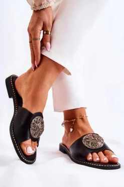 Damskie buty S.Barski Klapki Damskie Klasyczne*Damskie Skórzane Klapki Z Ozdobą Czarne Colene