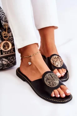 Damskie buty S.Barski Klapki Damskie Klasyczne*Damskie Skórzane Klapki Z Ozdobą Czarne Colene