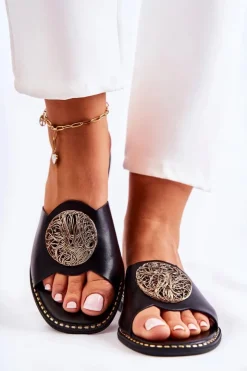 Damskie buty S.Barski Klapki Damskie Klasyczne*Damskie Skórzane Klapki Z Ozdobą Czarne Colene