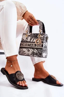 Damskie buty S.Barski Klapki Damskie Klasyczne*Damskie Skórzane Klapki Z Ozdobą Czarne Colene