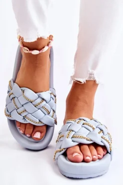 Damskie Boto Damskie Skórzane Klapki Z Łańcuszkiem Niebieskie Soline