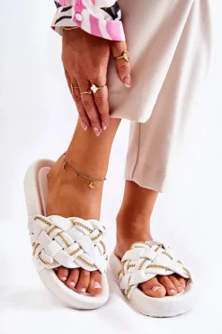 Boto Klapki Damskie Klasyczne*Damskie Skórzane Klapki Z Łańcuszkiem Białe Soline