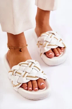 Boto Klapki Damskie Klasyczne*Damskie Skórzane Klapki Z Łańcuszkiem Białe Soline