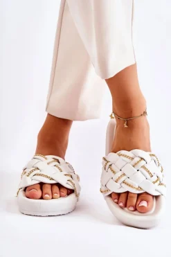 Boto Klapki Damskie Klasyczne*Damskie Skórzane Klapki Z Łańcuszkiem Białe Soline