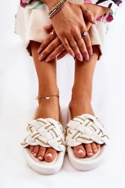 Boto Klapki Damskie Klasyczne*Damskie Skórzane Klapki Z Łańcuszkiem Białe Soline