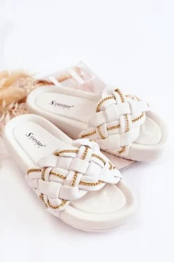 Boto Klapki Damskie Klasyczne*Damskie Skórzane Klapki Z Łańcuszkiem Białe Soline