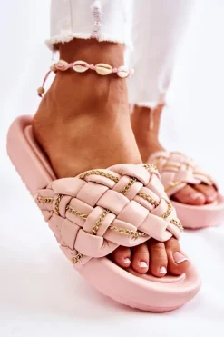 Online Boto Damskie Skórzane Klapki Z Łańcuszkiem Różowe Soline