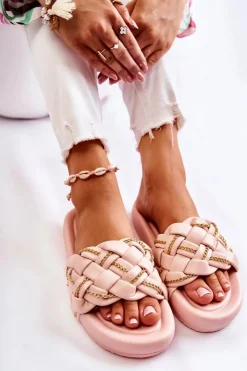 Online Boto Damskie Skórzane Klapki Z Łańcuszkiem Różowe Soline