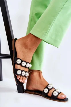 Damskie Boto Damskie Skórzane Klapki Z Ozdobnymi Perełkami Czarne Lasello