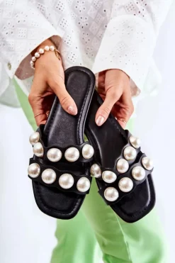 Damskie Boto Damskie Skórzane Klapki Z Ozdobnymi Perełkami Czarne Lasello