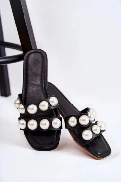 Damskie Boto Damskie Skórzane Klapki Z Ozdobnymi Perełkami Czarne Lasello