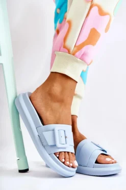 Boto Klapki Damskie Klasyczne*Damskie Skórzane Klapki Z Klamrą Niebieskie Devia