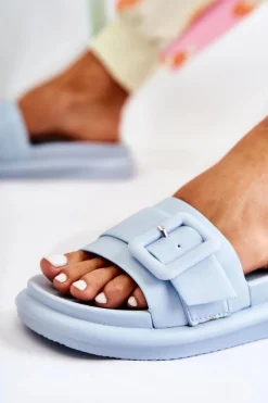 Boto Klapki Damskie Klasyczne*Damskie Skórzane Klapki Z Klamrą Niebieskie Devia